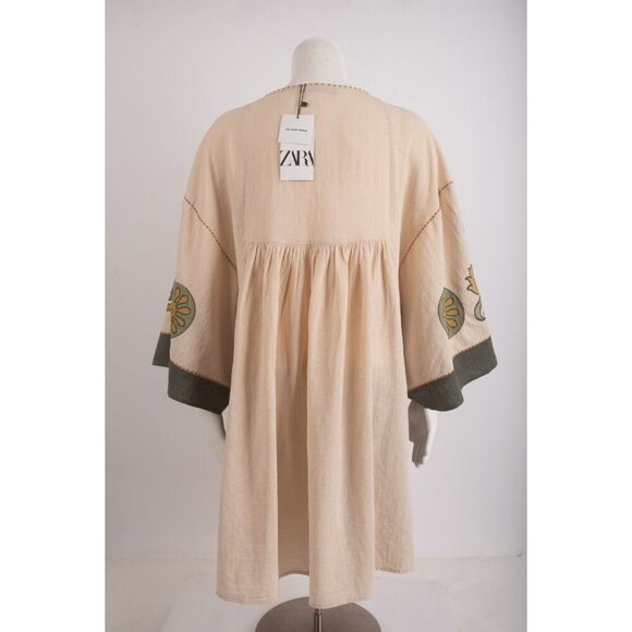 Zara Womens Mini Dress Kaftan M Beige Embroidered Linen Blend 5107/055 NWT - Picture 6 of 7